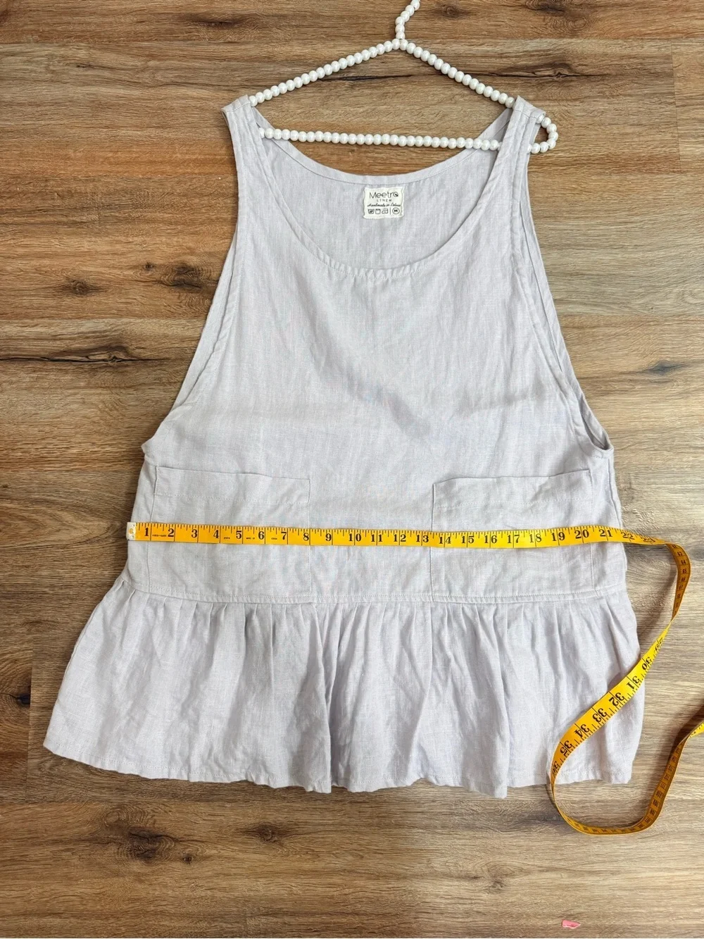 Meetra Linen Mini Dress M Handmade Latvia Peplum Ruffle Pockets Minimalist Cotta